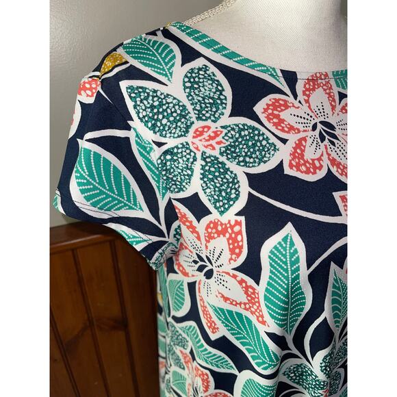 Womens Ruby Rd. Red Green Yellow Floral Dot Embossed Tropical Dress Size Medium - Picture 3 of 8